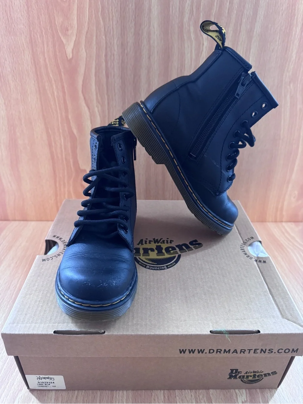 Dr. Martens Kids Black Leather Lace-Up Combat Boots with Side Zip